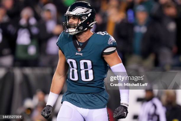 Dallas Goedert of the Philadelphia Eagles celebrates after scoring a touchdown against the Washington Commanders during the first quarter in the game...