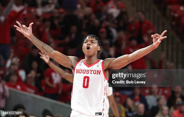 Marcus Sasser of the Houston Cougars reacts after three point basket against the Oral Roberts Golden Eagles at Fertitta Center on November 14, 2022...