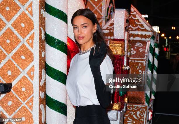 Irina Shay arrives at a Swarovski Holiday event at the Mark Hotel on November 14, 2022 in New York City.