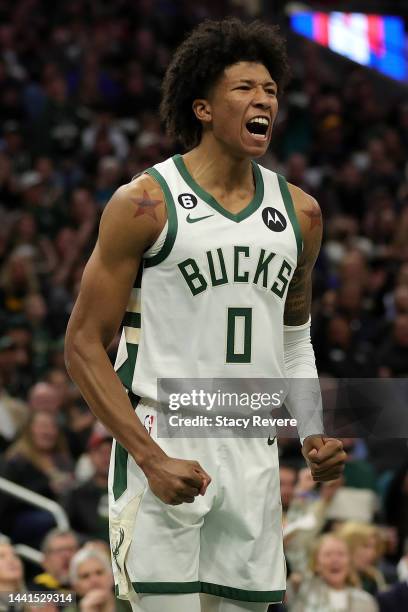 MarJon Beauchamp of the Milwaukee Bucks reacts to a score during the first half of a game against the Atlanta Hawks at Fiserv Forum on November 14,...