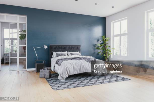 scandinavian style bedroom - bedroom wall stockfoto's en -beelden