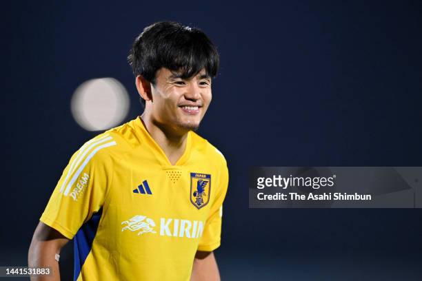 Takefusa Kubo of Japan is seen during a Japan training session on November 13, 2022 in Doha, Qatar.