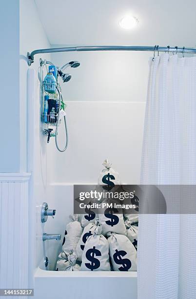 $ money bags hiding in shower - hiding money stock pictures, royalty-free photos & images