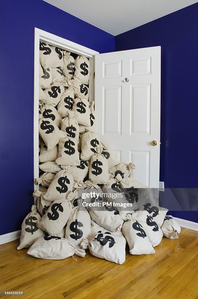 $ money bags flowing out of closet