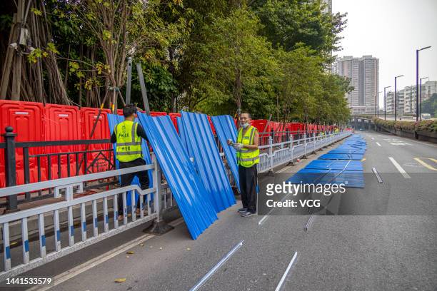 Barricade blocks off the controlled management area to contain the COVID-19 epidemic on November 14, 2022 in Guangzhou, Guangdong Province of China.