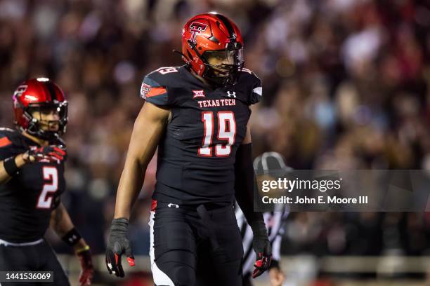 Defensive lineman Tyree Wilson of the Texas Tech Red Raiders stands on the field during the first half of the game against the Kansas Jayhawks at...