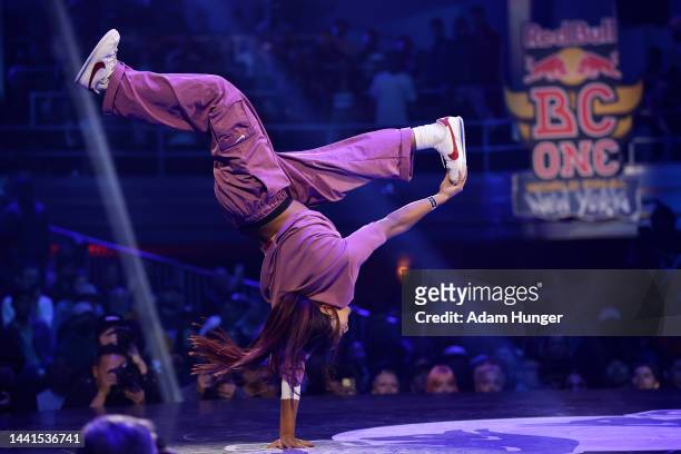 Logistx of the United States competes against India of the Netherlands during the B-girl Red Bull Breaking Championships final round at Hammerstein...