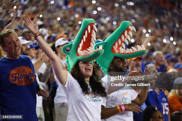 Florida Gators fans cheer during the 3rd quarter of a game against the South Carolina Gamecocks at Ben Hill Griffin Stadium on November 12, 2022 in...