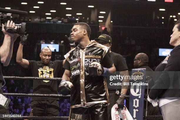 April 16: Errol Spence Jr defeats Chris Algieri by TKO on April 16th, 2016 in Brooklyn.