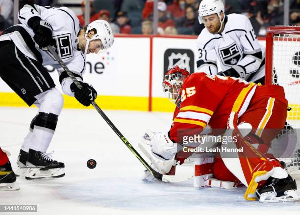 Adrian Kempe of the Los Angeles Kings takes a shot on Jacob Markstrom of the Calgary Flames during the second period at the Scotiabank Saddledome on...