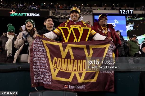 Washington Commanders fan cheers during the second quarter in the game against the Philadelphia Eagles at Lincoln Financial Field on November 14,...