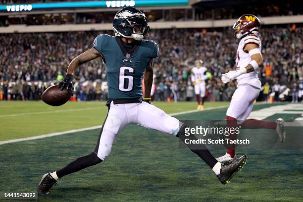 DeVonta Smith of the Philadelphia Eagles celebrates after scoring a touchdown against the Washington Commanders during the third quarter in the game...