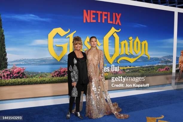 Goldie Hawn and Kate Hudson attend the premiere of "Glass Onion: A Knives Out Mystery" at Academy Museum of Motion Pictures on November 14, 2022 in...