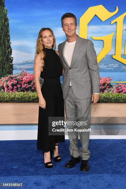 Shauna Robertson and Edward Norton attend the premiere of "Glass Onion: A Knives Out Mystery" at Academy Museum of Motion Pictures on November 14,...