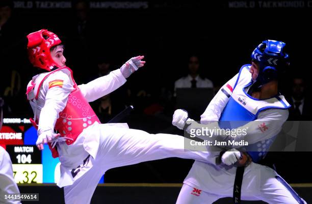 Seif Eissa of Egypt competes against Jon Cintado of Spain during Men's 80kg semifinals on day 1 of World Taekwondo Championships Guadalajara 2022 at...