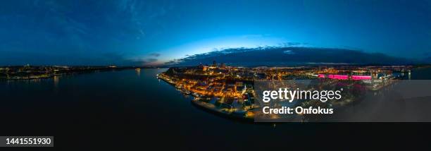 aerial panoramic view of quebec city, canada in autumn season at sunset, quebec, canada - quebec parliament stock pictures, royalty-free photos & images