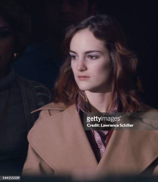 Close-up of American heiress and accused bank robber Patty Hearst during her trial, San Francisco, California, February 1976. The 19-year-old...