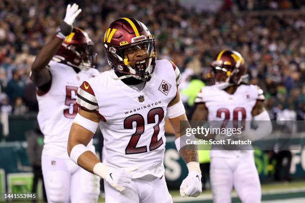 Darrick Forrest of the Washington Commanders celebrates after teammate Jamin Davis recovered a fumble against the Philadelphia Eagles during the...