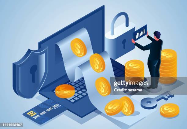 electronic payments, online billing, financial data protection, e-wallets with online payments, etc. distance merchants analyze the data reports held in their hands - tap to pay stock illustrations