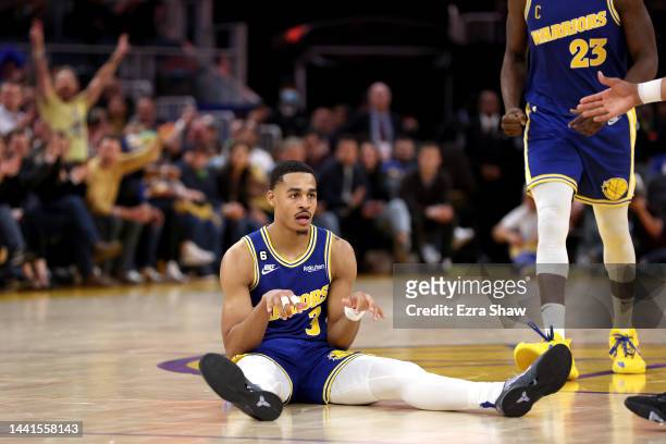 Jordan Poole of the Golden State Warriors reacts after making a basket against the San Antonio Spurs at Chase Center on November 14, 2022 in San...