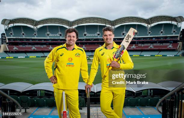 Travis Head and Alex Carey during an Australian One Day International Squad media opportunity at Adelaide Oval on November 15, 2022 in Adelaide,...