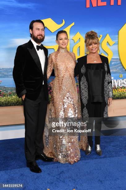 Danny Fujikawa, Kate Hudson and Goldie Hawn attend the premiere of "Glass Onion: A Knives Out Mystery" at Academy Museum of Motion Pictures on...