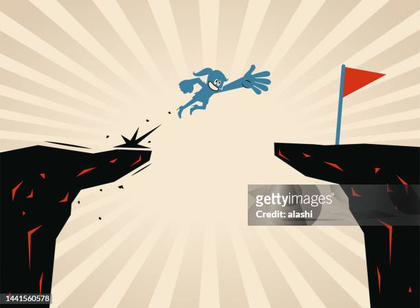 a woman jumps through the gap to achieve her goals - woman reaching hands towards camera stock illustrations