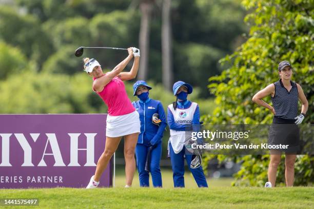 Amy Boulden of Wales tees off on the fourth hole during the Aramco Team Series at Thai Country Club on May 13, 2022 in Chachoengsao, Thailand.