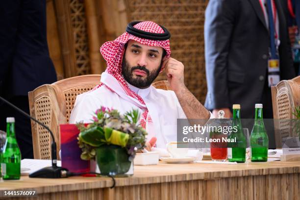 Crown Prince Mohammed bin Salman of Saudi Arabia takes his seat ahead of a working lunch at the G20 Summit on November 15, 2022 in Nusa Dua,...