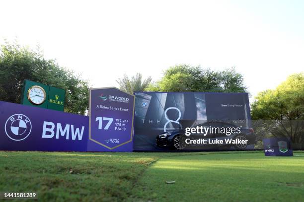 The hole in one prize of a BMW 8 is pictured prior to the DP World Tour Championship on the Earth Course at Jumeirah Golf Estates on November 15,...