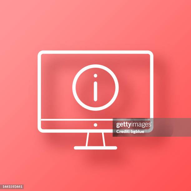 desktop computer with information sign. icon on red background with shadow - flat screen on stand stock illustrations