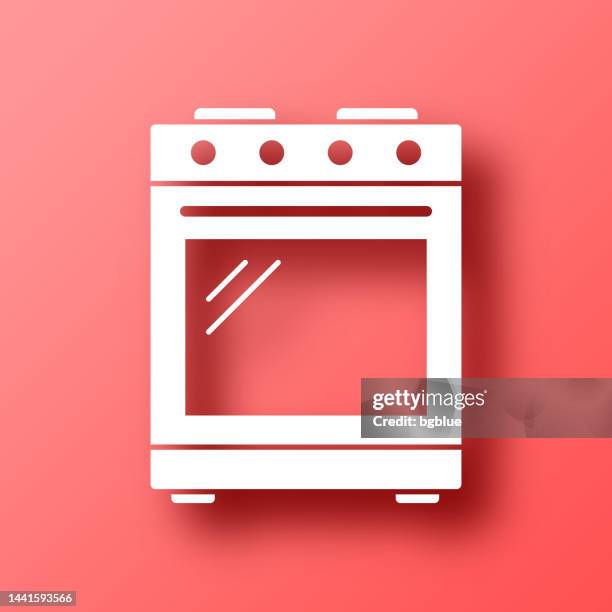 gas stove - gas range. icon on red background with shadow - oven stock illustrations