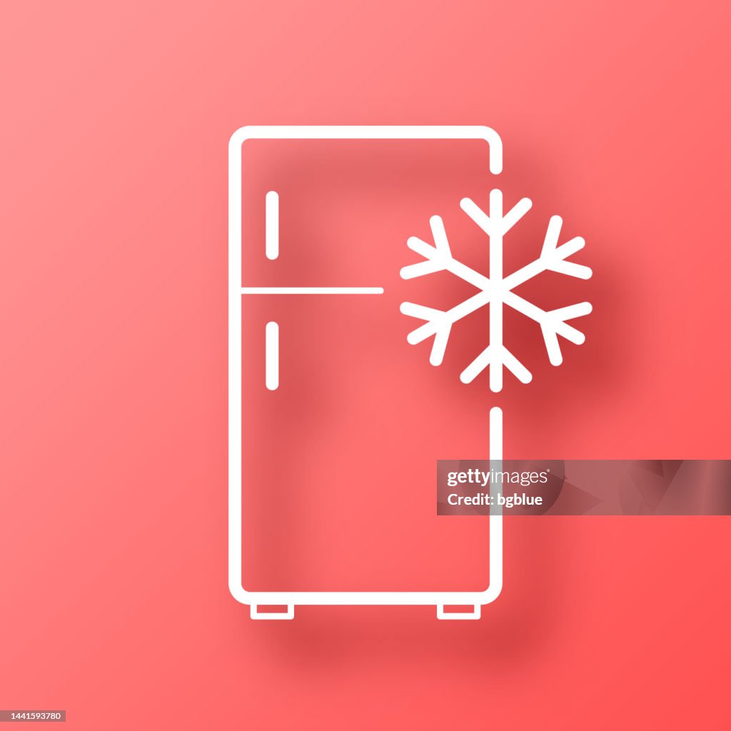 Fridge with snowflake. Icon on Red background with shadow