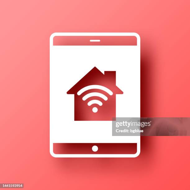 tablet pc with smart home. icon on red background with shadow - using tablet home stock illustrations