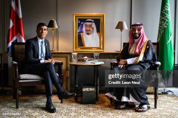 Britain's Prime Minister Rishi Sunak and Crown Prince Mohammed bin Salman of Saudi Arabia are seen during a bilateral meeting at the G20 Summit on...