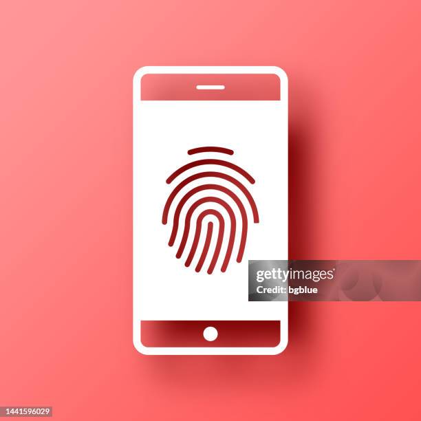 smartphone with fingerprint. icon on red background with shadow - thumb print 3d stock illustrations