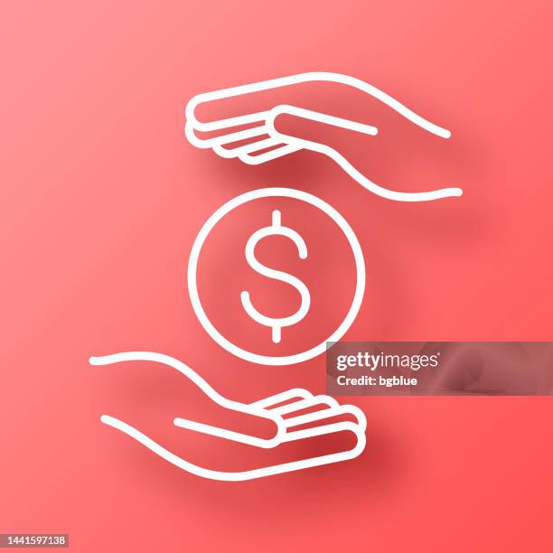 dollar coin between hands. icon on red background with shadow - space in between stock illustrations