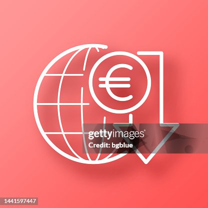 Euro rate decrease. Icon on Red background with shadow Euro rate decrease. Icon on Red background with shadow
