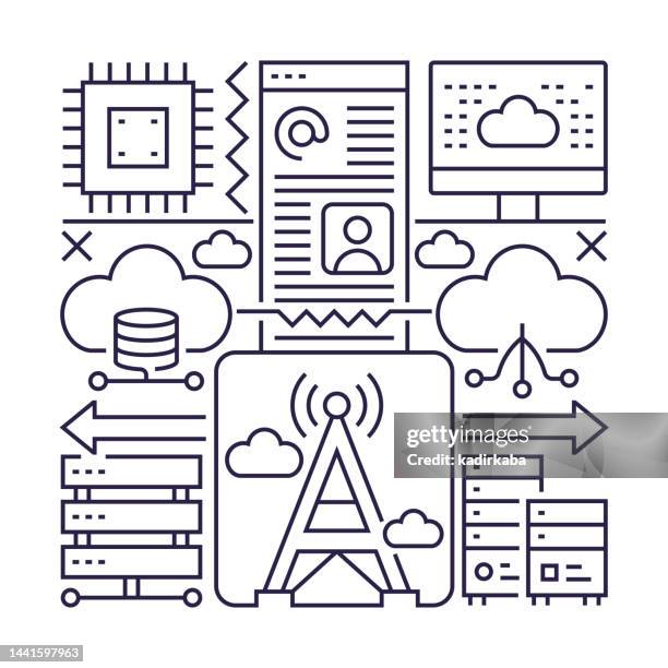 cloud service object and elements. line icons illustration collection. icon set or banner template. - bluetooth background stock illustrations