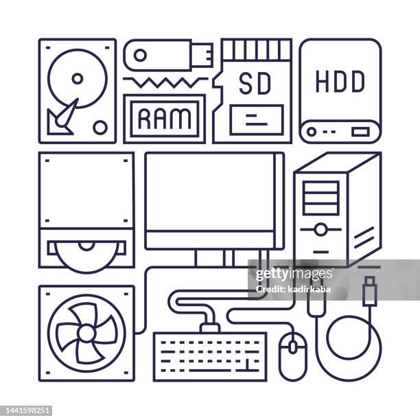 computer technology object and elements. line icons illustration collection. icon set or banner template. - external hard disk drive stock illustrations