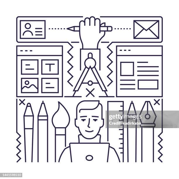 creative process object and elements. line icons illustration collection. icon set or banner template. - web designer logo stock illustrations