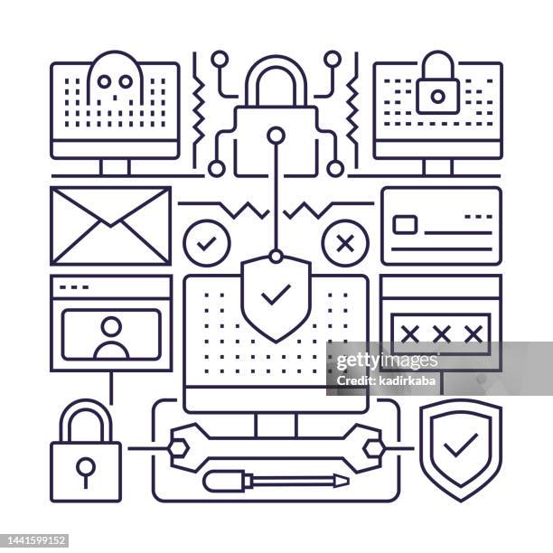 stockillustraties, clipart, cartoons en iconen met cyber security object and elements. line icons illustration collection. icon set or banner template. - antivirussoftware