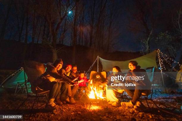 a group of campers celebrate around the campfire in late autumn night - united party stock pictures, royalty-free photos & images