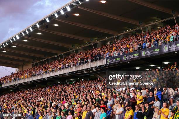 Fans enjoy the atmosphere during the International Friendly match between the Australia Matildas and Thailand at Central Coast Stadium on November...