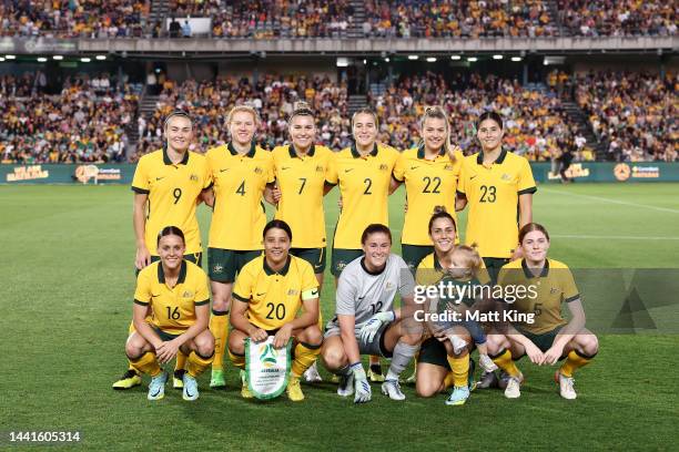 Australia lines up during the International Friendly match between the Australia Matildas and Thailand at Central Coast Stadium on November 15, 2022...