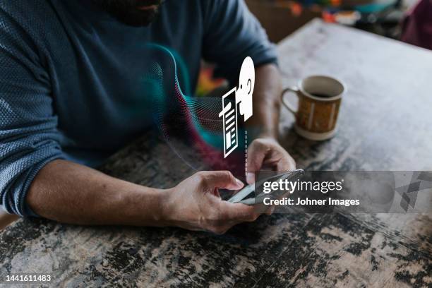 man reading fake news on social media - truth lies foto e immagini stock