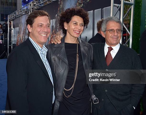 Universal Pictures chairman Adam Fogelson, Universal Pictures co-chairman Donna Langley, and Universal Studios president and COO Ron Meyer arrive at...