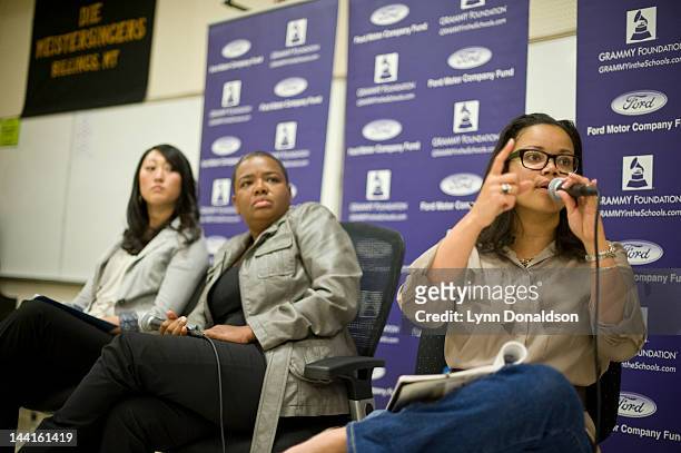 Kimberley Locke addresses students as Tamara Rosholt and Monica Young look on at Billings West High School on May 10, 2012 in Billings, Montana.