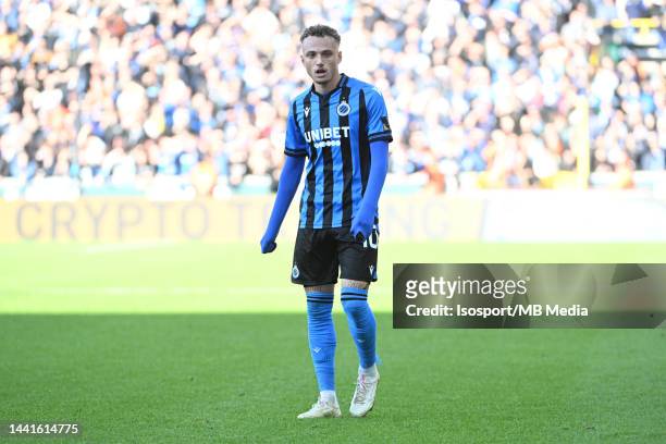 Noa Lang of Club Brugge KV watches on during the Jupiler Pro League match between Club Brugge KV and Royal Antwerp FC at Jan Breydel Stadium on...