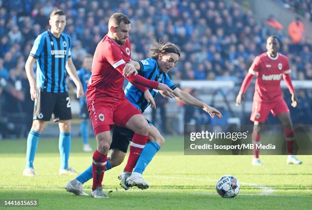 Andreas Skov Olsen of Club Brugge KV battles with Vincent Janssen of Royal Antwerp FC during the Jupiler Pro League match between Club Brugge KV and...